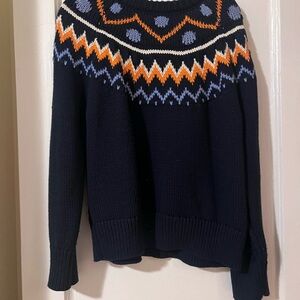 Tory Burch Navy Fair Isle Yoke Sweater with Orange & Light Blue Accents